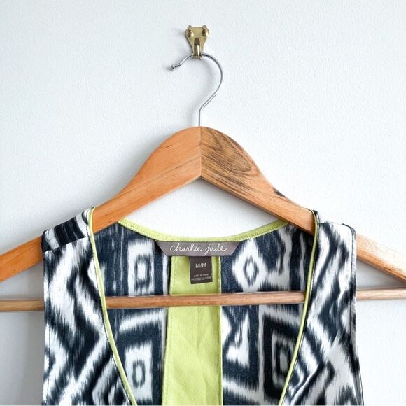 Charlie Jade Tribal Racerback Tank Sleeveless Blouse Black White Lime Women's M - Picture 3 of 7